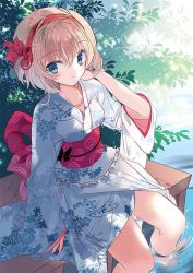 Rule 34 | 1girl, alice margatroid, bad id, bad twitter id, blonde hair, blue eyes, cierra (ra-bit), floral print, hairband, japanese clothes, jpeg artifacts, kimono, long sleeves, looking at viewer, obi, partially submerged, ribbon, sash, short hair, sitting, solo, touhou, water, wide sleeves