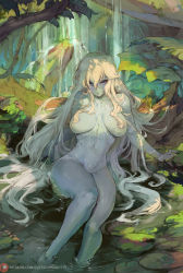 Rule 34 | ary&#039;eth, blonde hair, blue skin, breasts, colored skin, cutesexyrobutts, dungeons &amp; dragons, forest, highres, large breasts, long hair, looking at viewer, nature, nude, original, outdoors, solo, tagme, very long hair, wet