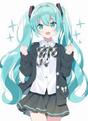 Rule 34 | 1girl, :d, aqua eyes, aqua hair, black jacket, black skirt, blush, bow, clenched hands, collared shirt, commentary request, dress shirt, eyebrows hidden by hair, fang, hair between eyes, hands up, hatsune miku, highres, jacket, long hair, long sleeves, looking at viewer, open clothes, open jacket, open mouth, plaid, plaid bow, pleated skirt, puffy long sleeves, puffy sleeves, shirt, simple background, skirt, sleeves past wrists, smile, solo, standing, tantan men (dragon), twintails, very long hair, vocaloid, white background, white shirt