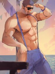 Rule 34 | 1boy, abs, ass, bara, beard, blue tank top, bulge, chest hair, cigar, denim, facial hair, feet out of frame, hand up, highres, large pectorals, male focus, muscular, muscular male, navel hair, nipples, original, overalls, pectorals, rathalosx4, revealing clothes, short hair, smoking, solo, stomach, sunglasses, suspenders, tank top, thick thighs, thighs, topless male