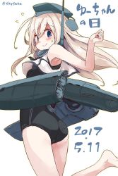 Rule 34 | 10s, 1girl, 2017, antennae, armpits, ass, bare legs, bare shoulders, barefoot, black one-piece swimsuit, blonde hair, blue eyes, blue hat, blush, breasts, character name, clothes writing, collar, crop top, embarrassed, flying sweatdrops, from behind, garrison cap, hat, kanji, kantai collection, leg up, long hair, looking at viewer, looking back, machinery, one-piece swimsuit, running, school swimsuit, simple background, sleeveless, solo, suka, sweat, swimsuit, swimsuit under clothes, tareme, thighs, twitter username, u-511 (kancolle), white background