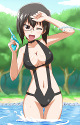 Rule 34 | 10s, 1girl, ;d, arm up, armpits, bare shoulders, black eyes, black hair, black one-piece swimsuit, blush, body blush, bow, breasts, brown eyes, choker, cleavage, clenched hand, cowboy shot, day, forest, girls und panzer, gluteal fold, goriate, grass, groin, gun, hair between eyes, hand on own head, holding, kawashima momo, large breasts, monocle, nature, navel, neck ribbon, one-piece swimsuit, one eye closed, open mouth, outdoors, ribbon, river, rock, shiny skin, short hair, sky, slingshot swimsuit, smile, solo, sparkle, splashing, standing, swimsuit, thigh gap, tree, wading, water, water gun, weapon, wet, wince, wink