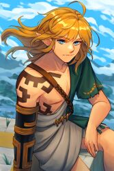 Rule 34 | 1boy, ahoge, archaic set (zelda), arm tattoo, artist name, blonde hair, caminukai, closed mouth, cloud, day, highres, link, long hair, looking at viewer, male focus, nintendo, outdoors, pointy ears, short sleeves, single bare shoulder, sitting, smile, solo, tattoo, the legend of zelda, the legend of zelda: tears of the kingdom