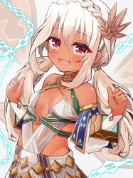 Rule 34 | 1girl, andromeda (fate), andromeda (fate) (cosplay), andromeda (first ascension) (fate), armlet, bare shoulders, belly chain, blush, braid, breasts, chain, collar, cosplay, crown braid, cuffs, dark-skinned female, dark skin, detached sleeves, dress, fate/grand order, fate/kaleid liner prisma illya, fate (series), hair ornament, highres, illyasviel von einzbern, jaws, jewelry, long hair, looking at viewer, low twintails, metal collar, mochi (k620803n), open mouth, red eyes, shackles, short dress, sidelocks, small breasts, smile, solo, tan, twintails, white dress, white hair