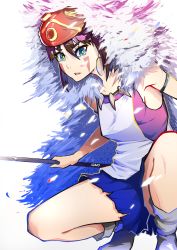 Rule 34 | 1girl, absurdres, bare arms, breasts, brown hair, commentary request, earrings, facepaint, facial mark, fur, headband, highres, jewelry, kuno (runkunochan), looking at viewer, mask, mononoke hime, necklace, polearm, san (mononoke hime), short hair, simple background, solo, spear, tooth necklace, weapon, white background