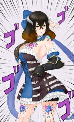Rule 34 | 1girl, black hair, bloodstained: ritual of the night, blue eyes, breasts, brown hair, cleavage, gameplay mechanics, hair ornament, highres, jojo no kimyou na bouken, jojo pose, large breasts, miriam (bloodstained), multicolored hair, sideboob, smirk, solo, speed lines, two-tone hair, viperxtr