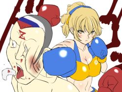 Rule 34 | 1boy, 1girl, artist request, bare arms, bare shoulders, blonde hair, blood, blue gloves, box, boxing, boxing gloves, breasts, bruise, cleavage, clenched teeth, gloves, high ponytail, injury, matching hair/eyes, medium breasts, midriff, navel, original, propaganda, punching, red gloves, russia, russian flag, simple background, sweat, teeth, tongue, tongue out, ukraine, ukrainian flag, upper body, white background, yellow eyes