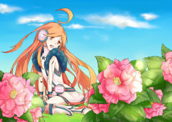Rule 34 | 1girl, ahoge, android, argento, bad id, bad pixiv id, cloud, day, female focus, flower, gloves, headphones, headset, joints, long hair, nature, outdoors, red eyes, red hair, robot joints, sf-a2 miki, sitting, sky, smile, solo, striped, very long hair, vocaloid