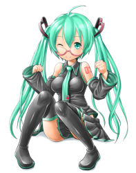 Rule 34 | 1girl, ahoge, aosode, aqua eyes, aqua hair, black thighhighs, boots, breasts, detached sleeves, full body, glasses, hatsune miku, long hair, medium breasts, necktie, one eye closed, pigeon-toed, pink-framed eyewear, red-framed eyewear, sitting, skirt, smile, solo, thigh boots, thighhighs, twintails, vocaloid, white background, wink