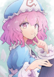 Rule 34 | 1girl, absurdres, blue dress, blue hat, closed mouth, commentary request, dress, folding fan, frilled sleeves, frills, from side, hair between eyes, hand fan, hat, highres, holding, holding fan, juliet sleeves, long sleeves, looking at viewer, looking to the side, petals, pink hair, puffy sleeves, purple eyes, saigyouji yuyuko, smile, solo, takunama, thick eyebrows, touhou, triangular headpiece, upper body, wide sleeves