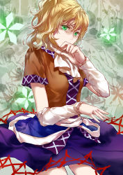 Rule 34 | 1girl, arm warmers, artist name, augetsix, bad id, bad pixiv id, blonde hair, covering own mouth, crying, flower, green eyes, looking at viewer, mizuhashi parsee, ponytail, scarf, shirt, short hair, short sleeves, skirt, solo, tears, touhou