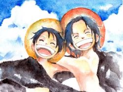 Rule 34 | 2boys, artist request, black hair, blue sky, brothers, cloud, hat, male focus, monkey d. luffy, multiple boys, one piece, open mouth, outdoors, painting (medium), pirate, portgas d. ace, siblings, sky, smile, source request, straw hat, topless male, traditional media, upper body, watercolor (medium)