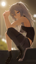 Rule 34 | 1girl, absurdres, ahoge, animal ears, bare arms, black footwear, black nails, black pantyhose, black shirt, boots, breasts, closed mouth, ear piercing, from side, full body, grey eyes, grey hair, hair between eyes, high heel boots, high heels, highres, hololive, large breasts, lion ears, lion girl, lion tail, long hair, looking at viewer, looking to the side, makimaki makky7, nail polish, pantyhose, piercing, shirt, shishiro botan, shishiro botan (1st costume), single leg pantyhose, sitting, sleeveless, sleeveless shirt, smile, solo, tail, thigh strap, torn clothes, torn pantyhose, virtual youtuber