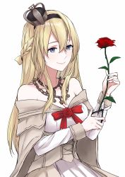 Rule 34 | 10s, 1girl, bad id, bad twitter id, bare shoulders, blonde hair, blue eyes, braid, breasts, cleavage, commentary, corset, crown, dress, closed eyes, flower, french braid, hair between eyes, hairband, highres, jewelry, kantai collection, leaf, long hair, long sleeves, mini crown, morinaga miki, necklace, off-shoulder dress, off shoulder, red flower, red ribbon, red rose, ribbon, rose, scissors, searchlight, simple background, smile, solo, upper body, warspite (kancolle), white background, white dress