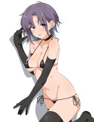 Rule 34 | 1girl, absurdres, aqua eyes, asakura toru, bikini, black bikini, black choker, black gloves, black thighhighs, blush, breasts, choker, cleavage, elbow gloves, gloves, hand up, highres, idolmaster, idolmaster shiny colors, large breasts, looking at viewer, parted lips, seihekiog, short hair, simple background, solo, swimsuit, thighhighs, thighs, underboob, white background