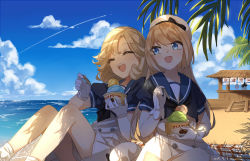 Rule 34 | 2girls, artist name, beach, blonde hair, blue eyes, blue sailor collar, blue sky, cloud, commentary request, contrail, dated, day, dress, food, gloves, hat, highres, ice cream, janus (kancolle), jervis (kancolle), kantai collection, kumin (6939359), long hair, multiple girls, outdoors, sailor collar, sailor dress, sailor hat, shade, short hair, short sleeves, sitting, sky, smile, upper body, white dress, white gloves, white headwear
