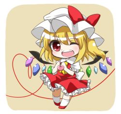 Rule 34 | 1girl, ascot, bad id, bad pixiv id, blonde hair, chibi, fang, female focus, flandre scarlet, hat, hat ribbon, heart, one eye closed, open mouth, puffy sleeves, red eyes, ribbon, short hair, short sleeves, solo, touhou, wings, wink, yukine