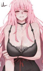 Rule 34 | 1girl, absurdres, arm under breasts, black camisole, black choker, bluecup, blunt bangs, blush, breasts, camisole, choker, cleavage, collarbone, commentary, covered navel, english commentary, highres, hololive, hololive english, huge breasts, long hair, looking at viewer, mori calliope, pink hair, red eyes, see-through camisole, sidelocks, solo, very long hair, virtual youtuber