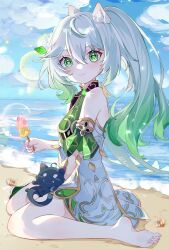 Rule 34 | 1girl, absurdres, animal ears, armband, barefoot, beach, black cat, breasts, bubble, cape, cat, cat ears, cloud, conch, dress, feet, food, full body, genshin impact, gradient hair, green eyes, green hair, hair ornament, heart, heart-shaped pupils, highres, holding, holding food, holding popsicle, knees together feet apart, leaf hair ornament, legs, light blush, long hair, looking at viewer, luobotou cuncun zhang, multicolored hair, nahida (genshin impact), ocean, off shoulder, on floor, popsicle, sand, shell, side ponytail, sidelocks, small breasts, solo, stuffed animal, stuffed toy, symbol-shaped pupils, toes, white dress, white hair