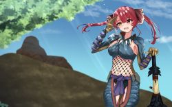 Rule 34 | 1girl, breasts, hair ribbon, hat, heterochromia, highres, hololive, houshou marine, large breasts, long hair, looking at viewer, monster hunter (series), nargacuga (armor), navel, open mouth, red eyes, red hair, ribbon, solo, twintails, virtual youtuber, yellow eyes