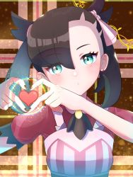 Rule 34 | 1girl, apron, asymmetrical bangs, blush, brown hair, brown nails, closed mouth, commentary request, creatures (company), dress, eyelashes, finger heart, game freak, green eyes, hair ribbon, hands up, head tilt, heart, highres, looking at viewer, marnie (palentine&#039;s 2022) (pokemon), marnie (pokemon), medium hair, nail polish, nintendo, official alternate costume, pink apron, pink ribbon, pokemon, pokemon masters ex, red dress, ribbon, short sleeves, solo, tsubakiex, twintails, upper body