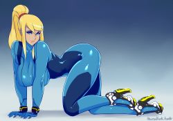 Rule 34 | 1girl, all fours, ass, blonde hair, blue eyes, bodysuit, breasts, curvy, full body, hanging breasts, high heels, highres, huge breasts, large breasts, live for the funk, looking at viewer, metroid, neon trim, nintendo, ponytail, samus aran, skin tight, smile, solo, thick lips, thick thighs, thighs, wide hips, zero suit