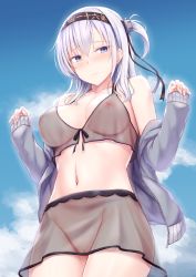 Rule 34 | 1girl, alternate costume, bikini, black ribbon, blue eyes, blue sky, blush, breasts, cai geng, cleft of venus, clothes writing, cloud, collarbone, cowboy shot, day, groin, hachimaki, hair between eyes, hair ribbon, hands up, headband, jacket, kantai collection, long hair, looking at viewer, medium breasts, navel, nipples, one side up, open clothes, open jacket, outdoors, pussy, pussy peek, ribbon, see-through, side-tie bikini bottom, silver hair, skirt, sky, smile, solo, stomach, suzutsuki (kancolle), swimsuit, zipper