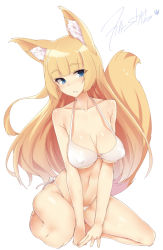 Rule 34 | 10s, 1girl, 2015, animal ears, bikini, blonde hair, blue eyes, blush, breasts, cleavage, covered erect nipples, fox ears, fox tail, long hair, looking at viewer, o-ring, o-ring top, original, parted lips, seiza, side-tie bikini bottom, simple background, sitting, solo, strap gap, swimsuit, tail, tilt-shift (azalanz), white background, white bikini