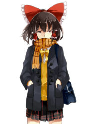Rule 34 | 1girl, alternate costume, bag, blazer, bow, bowtie, brown hair, coat, collared shirt, contemporary, covered mouth, cowboy shot, deetamu, dress shirt, fringe trim, hair bow, hair tubes, hakurei reimu, hands in pockets, highres, jacket, long hair, long sleeves, looking away, looking to the side, miniskirt, plaid, plaid scarf, plaid skirt, pleated skirt, red bow, red eyes, scarf, school uniform, shirt, shoulder bag, simple background, skirt, solo, sweater, touhou, white background, white shirt, yellow bow, yellow bowtie