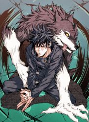 Rule 34 | 1boy, 6yoshihikoo9, animal, black hair, black jacket, black pants, blue background, blue eyes, closed mouth, dog, frown, full body, furry, furry male, fushiguro megumi, gakuran, hair between eyes, highres, jacket, jujutsu kaisen, male focus, own hands together, pants, school uniform, shadow puppet, short hair, solo, spiked hair, squatting, tongue, tongue out, yellow eyes