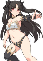 Rule 34 | 1girl, armlet, asymmetrical legwear, asymmetrical sleeves, bikini, black bikini, black bow, black hair, blush, bow, breasts, bridal gauntlets, cleavage, commentary request, detached sleeves, earrings, fate/grand order, fate (series), hair bow, hoop earrings, ishtar (fate), jewelry, long hair, looking at viewer, medium breasts, mismatched bikini, navel, neck ring, outstretched arm, parted bangs, red eyes, shiseki hirame, simple background, single detached sleeve, single thighhigh, smile, solo, swimsuit, thighhighs, thighs, tiara, two side up, uneven legwear, uneven sleeves, white background, white bikini