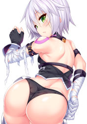 Rule 34 | 1girl, absurdres, adjusting clothes, adjusting panties, ass, back, bandaged arm, bandages, black panties, blush, breasts, fate/apocrypha, fate (series), green eyes, hair between eyes, highres, jack the ripper (fate/apocrypha), looking back, panties, scar, short hair, silver hair, simple background, small breasts, solo, thighhighs, underwear, wakagi repa, white background