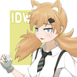 Rule 34 | 1girl, absurdres, animal ear fluff, animal ears, blonde hair, blue eyes, blush, breasts, cat ears, character name, cigarette, commentary request, covered erect nipples, extra ears, fang, fingerless gloves, girls&#039; frontline, gloves, hair ornament, hairclip, highres, idw (girls&#039; frontline), looking at viewer, medium breasts, medium hair, mole, mole under eye, necktie, parted lips, sanpaku, shirt, short sleeves, simple background, smile, solo, striped necktie, suspenders, twintails, upper body, white background, white shirt, yellow background, yonao