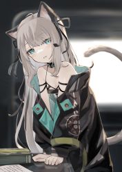 Rule 34 | 1girl, absurdres, ahoge, animal ears, arknights, black jacket, black ribbon, blue eyes, cat ears, cat tail, collarbone, dress, hair ribbon, highres, infection monitor (arknights), jacket, kuwaiko, long hair, mint (arknights), off shoulder, open clothes, open jacket, parted lips, ribbon, solo, spaghetti strap, tail, white dress, white hair