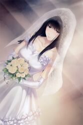 Rule 34 | 1girl, absurdres, bare shoulders, black hair, blue eyes, blush, bouquet, bridal veil, bride, collarbone, dress, dutch angle, elbow gloves, flower, gloves, highres, holding, holding bouquet, innocent grey, kara no shoujo 2, kuchiki touko, long hair, official art, rose, scan, solo, spoilers, stairs, sugina miki, veil, wedding, wedding dress, white dress, white flower, white gloves, white rose, white veil