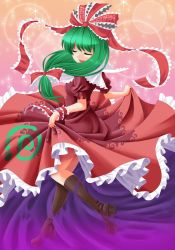 Rule 34 | 1girl, arm ribbon, boots, bow, breasts, closed eyes, dress, female focus, frills, front ponytail, hair bow, hair ornament, hair ribbon, highres, kagiyama hina, long hair, open mouth, red dress, ribbon, shimouki izui, skirt hold, smile, solo, spinning, touhou