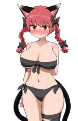 Rule 34 | 1girl, alternate costume, animal ear fluff, animal ears, arm behind back, bare shoulders, black bow, black ribbon, blush, bow, braid, breasts, cat ears, cat tail, chups, cleavage, closed mouth, collarbone, commentary request, cowboy shot, ear blush, extra ears, front-tie top, hair ribbon, highres, holding own arm, kaenbyou rin, large breasts, leg ribbon, light smile, looking at viewer, midriff, multiple tails, nail polish, nekomata, nose blush, red eyes, red hair, red nails, ribbon, simple background, solo, tail, touhou, tress ribbon, twin braids, two tails, wavy mouth, white background