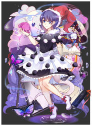 Rule 34 | 1girl, absurdres, apron, bead bracelet, beads, black dress, blob, blue eyes, book, bow, bracelet, bug, butterfly, chain, closed mouth, cloud, doremy sweet, dream soul, dress, earrings, fingernails, footwear bow, full body, fur-trimmed headwear, fur collar, fur trim, hat, highres, insect, jewelry, layered dress, leg up, looking at viewer, nightcap, no socks, open book, pink lips, pom pom (clothes), purple hair, quill, red bow, red hat, ripples, santa hat, scroll, shoes, short hair, short sleeves, smile, solo, standing, standing on liquid, standing on one leg, star (symbol), star earrings, tail, tapir tail, touhou, tube, waist apron, water, water drop, white apron, white footwear, white legwear, xinghuo