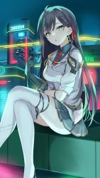 Rule 34 | 100, 100percent park, 1girl, absurdres, black hair, breasts, building, chain, city, crossed legs, cyberpunk, ear piercing, gloves, gold chain, green eyes, green hair, green skirt, highres, large breasts, lin (tower of fantasy), long hair, multicolored hair, piercing, ribbon, skirt, tower of fantasy, uniform