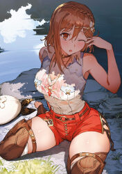 Rule 34 | 1girl, atelier (series), atelier ryza, atelier ryza 3, beret, blush, brown eyes, brown hair, day, hat, highres, official art, one eye closed, open mouth, reisalin stout, see-through, shorts, solo, thighs, toridamono, water, wet, wet clothes
