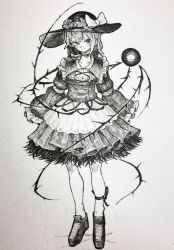 Rule 34 | 1girl, absurdres, adapted costume, bow, choker, closed mouth, commentary request, flower, full body, greyscale, hat, hat bow, highres, komeiji koishi, looking at viewer, mashimashi, monochrome, rose, shoes, short hair, sleeves past fingers, sleeves past wrists, smile, solo, standing, third eye, thorns, touhou, traditional media