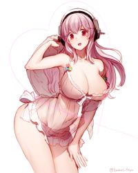 Rule 34 | 1girl, blush, breasts, cleavage, headphones, highres, huge breasts, kazari tayu, large breasts, long hair, looking at viewer, navel, nitroplus, open mouth, panties, pink hair, red eyes, see-through, simple background, sketch, solo, super sonico, underwear, underwear only, white background