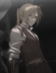 Rule 34 | 1boy, blonde hair, cbow, closed mouth, collared shirt, dark, edward elric, fullmetal alchemist, highres, light smile, male focus, mechanical arms, muted color, ponytail, shirt, single mechanical arm, solo, sweater vest, upper body, white shirt, yellow eyes