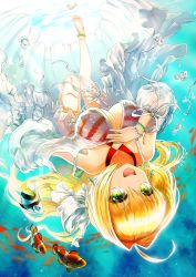 Rule 34 | 1girl, :d, air bubble, animal, bare shoulders, bikini, blonde hair, bow, breasts, bubble, cleavage, clownfish, commentary request, criss-cross halter, day, earrings, fate/grand order, fate (series), fingernails, fish, fish request, green eyes, hair between eyes, hair bow, hair intakes, halterneck, hand on own chest, hand up, highres, jacket, jewelry, large breasts, long hair, md5 mismatch, nero claudius (fate), nero claudius (fate) (all), nero claudius (swimsuit caster) (fate), nero claudius (swimsuit caster) (third ascension) (fate), open mouth, outdoors, reflection, resolution mismatch, round teeth, see-through, smile, solo, source smaller, striped bikini, striped clothes, swimsuit, teeth, underwater, upper teeth only, upside-down, very long hair, white bow, yoka1chi