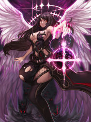 Rule 34 | 1girl, black hair, black thighhighs, breasts, cape, cleavage, clothing cutout, earrings, evan yang, halo, jewelry, legs, long hair, magic, navel cutout, original, outstretched arm, parted lips, red eyes, revealing clothes, solo, thighhighs, thighs, torn clothes, wings