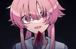 Rule 34 | 1girl, black background, blood, bloody knife, blue shirt, blush, commentary, empty eyes, gasai yuno, head tilt, highres, holding, holding knife, knife, looking at viewer, mirai nikki, open mouth, pink eyes, pink hair, sailor collar, sekaiseiha, shirt, short hair with long locks, sidelocks, simple background, smile, solo, upper body, white sailor collar, yandere