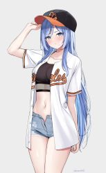Rule 34 | 1girl, arm up, bae minah (chaesu), baseball cap, black hat, black shirt, blue eyes, blue hair, blue shorts, breasts, buttons, closed mouth, collarbone, cowboy shot, crop top, cutoffs, denim, denim shorts, hat, highres, kaetzchen, long hair, looking at viewer, medium breasts, midriff, navel, open clothes, open fly, open shirt, original, pout, shirt, short shorts, short sleeves, shorts, simple background, solo, standing, stomach, thighs, undershirt, very long hair, white background, white shirt