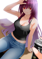 Rule 34 | 1girl, 1other, alternate costume, bare shoulders, black shirt, blue pants, breasts, can, casual, cleavage, closed mouth, collarbone, commentary request, contemporary, denim, engo (aquawatery), fate/grand order, fate (series), hair between eyes, highres, holding, holding can, jeans, large breasts, lips, long hair, looking at viewer, out of frame, pants, pink lips, pov, pov hands, purple hair, red eyes, scathach (fate), shirt, sitting, sleeveless, sleeveless shirt, smile