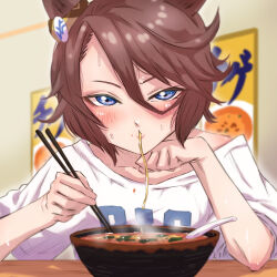 Rule 34 | 1girl, animal ears, blue eyes, blurry, blurry background, blush, bowl, brown hair, chopsticks, clothes writing, commentary request, depth of field, ear ornament, eating, elbow rest, food, food in mouth, hair between eyes, half-closed eyes, highres, holding, holding chopsticks, horse ears, horse girl, indoors, looking at viewer, narita taishin (umamusume), noodles, partial commentary, pomita, ramen, shirt, short hair, short sleeves, solo, steam, sweat, t-shirt, umamusume, white shirt