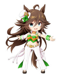Rule 34 | 1girl, :d, ahoge, animal ears, asymmetrical sleeves, black footwear, blue eyes, bow, breasts, brown hair, chibi, cropped jacket, full body, green bow, hair between eyes, hat, hat bow, highres, horse ears, horse girl, horse tail, jacket, kuena, long hair, long sleeves, medium breasts, mr. c.b. (umamusume), open clothes, open jacket, open mouth, pants, shoes, simple background, smile, solo, standing, striped, striped bow, tail, tilted headwear, umamusume, very long hair, white background, white hat, white jacket, white pants, wrist cuffs